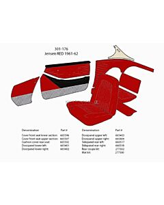 Bekleding P1800 Jensen rood 1961-1962 301-176 kussen achterzitting 