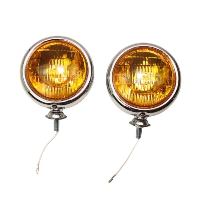 Mistlamp chroom geel glas - 2 stuks - diameter 13 cm- 6 volt kan aangepast worden op 12