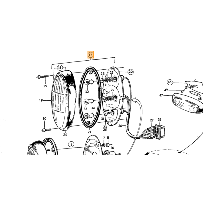 Volvo Rücklicht Amazon komplett mit Zierring  Reflektorgummi und Glas (orange rot klar) Volvo teil nr 276529
