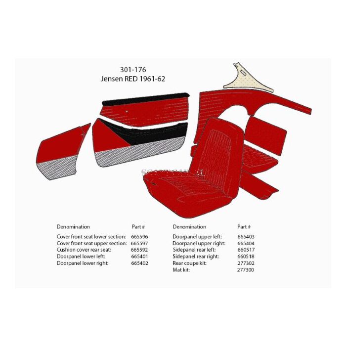 Bekleding P1800 Jensen rood 1961-1962 301-176 kussen achterzitting 