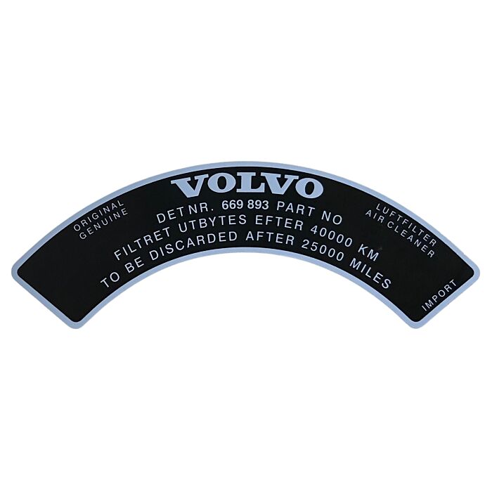Volvo Aufkleber für Luftfilter 669893 B18A Zenith VN36 Volvo Teil Nr 669893S