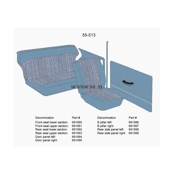 Bekleding PV544 deurpaneel Rechts blauw 1965 (55-513) zie 691564