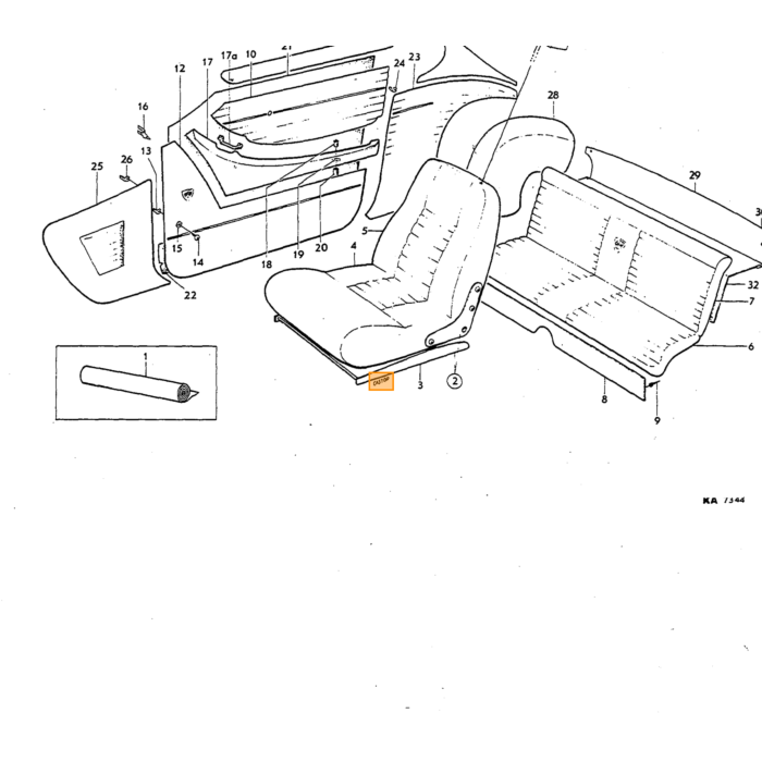 Volvo Polsterung 1800S Seitenteil + Tasche vorne rechts braun - siehe SET 692186 Volvo teil nr 692187