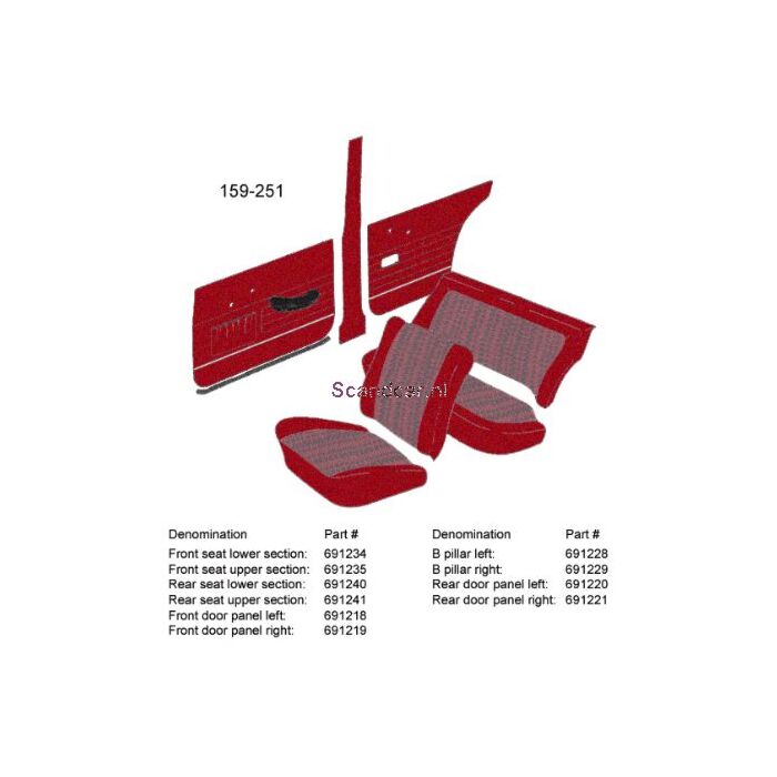Bekleding Amazon 4 deurs achterbankhoes SET !zitting+rug rood 1963-1964 159-251(set!)
