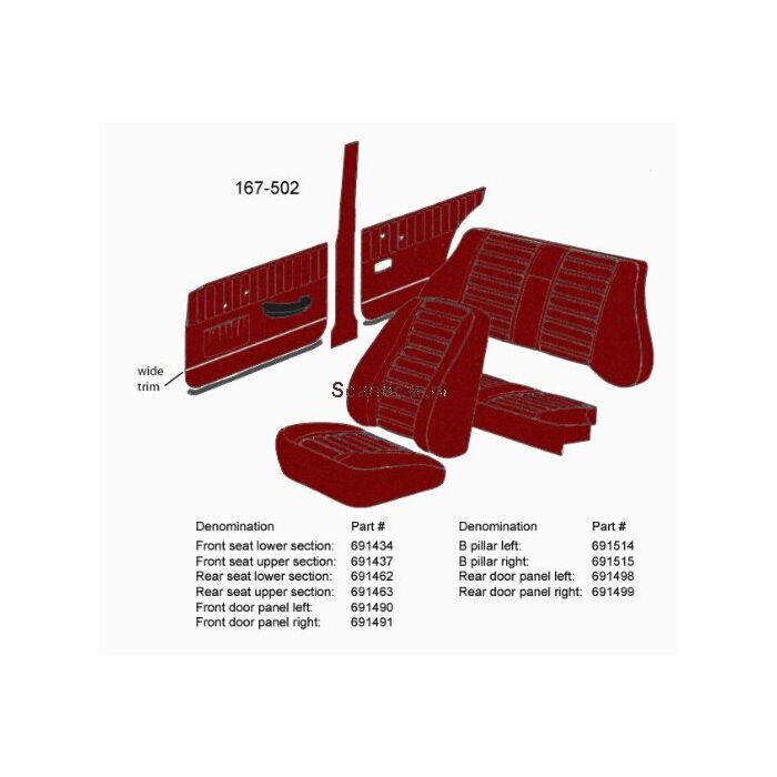 Bekleding Amazon 4 deurs B stijl rechts rood 1965 167+171+510+514