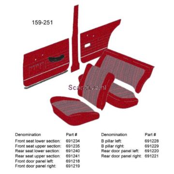 Bekleding Amazon 4 deurs achterbankhoes SET !zitting+rug rood 1967-1968 183-145 incl 692097