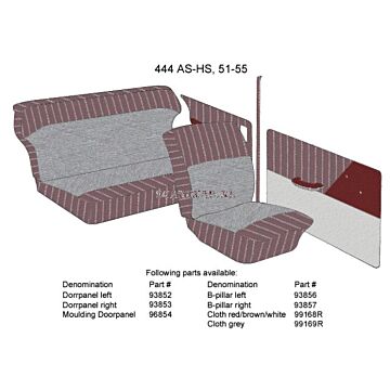Bekleding PV444 stof rood/bruin/wit gestreept 140cm breed 1951-1955