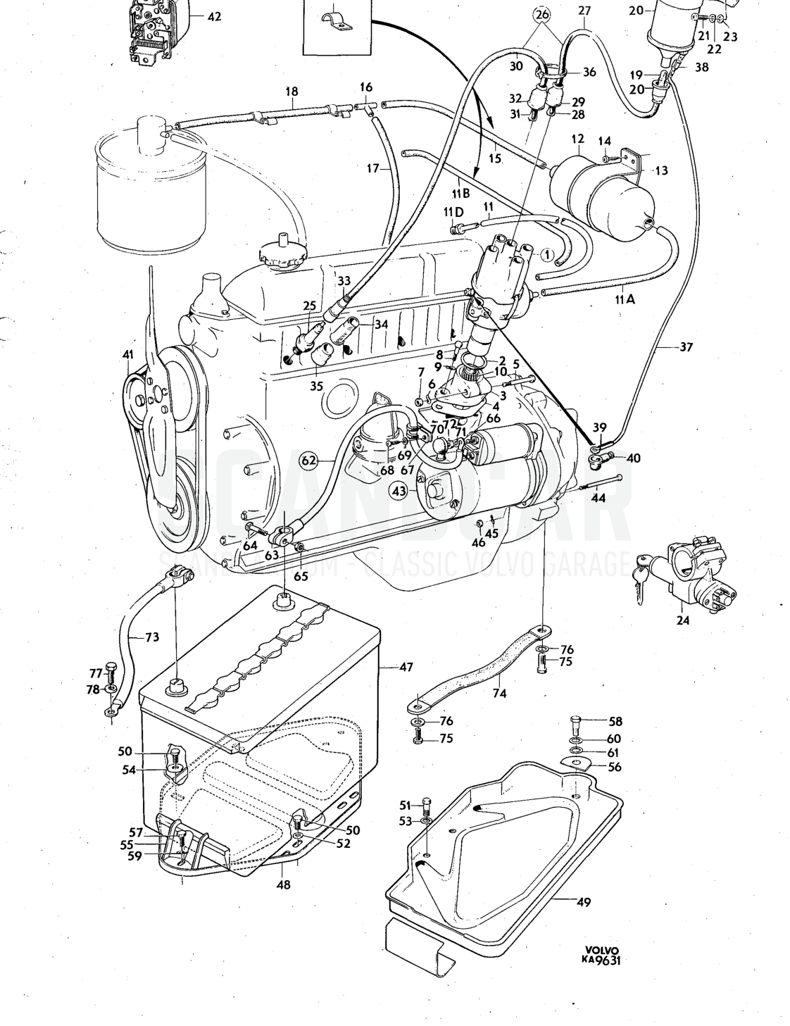 and starter system Illustration Sats Kit - Explosionszeichnung, Sonstige Teile, Volvo 140er-Serie bis zu 1972