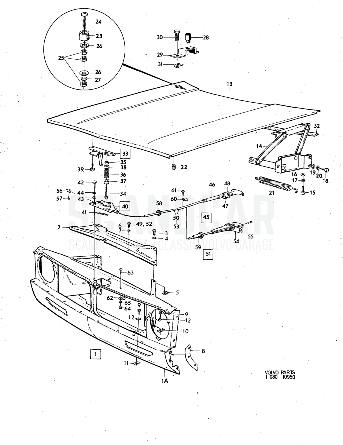 section, bonnet, Illustration Sats Kit - Explosionszeichnung, Sonstige Teile, Volvo 140er-Serie bis zu 1972