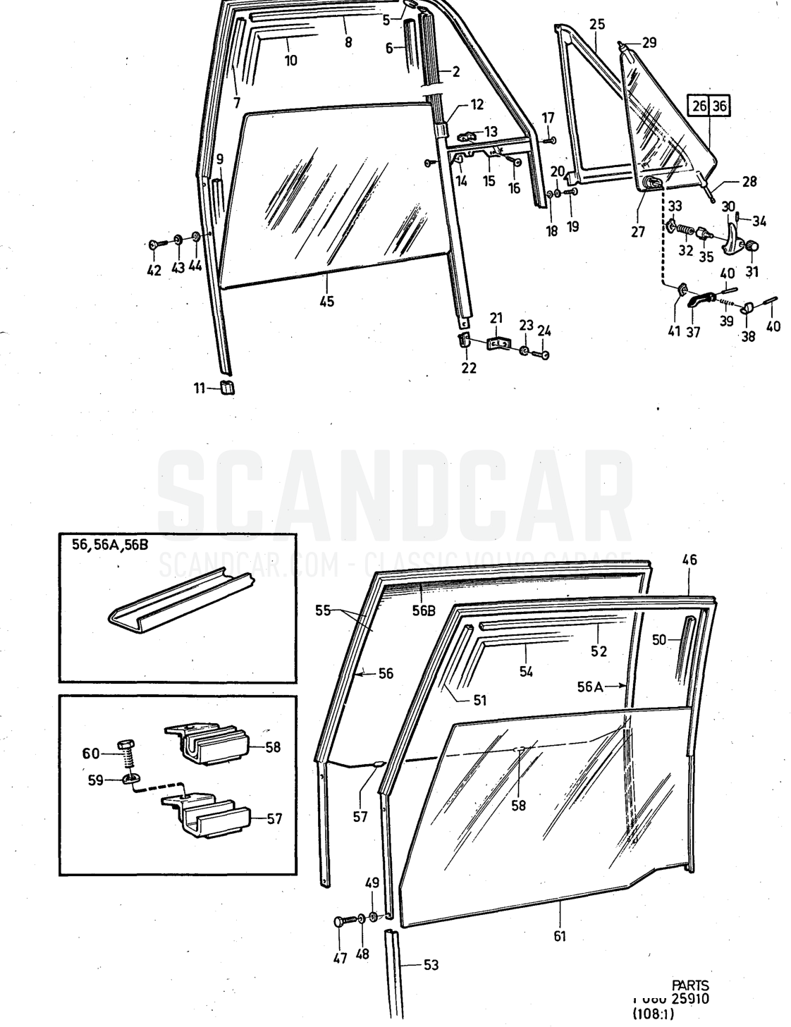 arch with components. Illustration glass. Sats Kit - Explosionszeichnung, Sonstige Teile, Volvo 140er-Serie bis zu 1972
