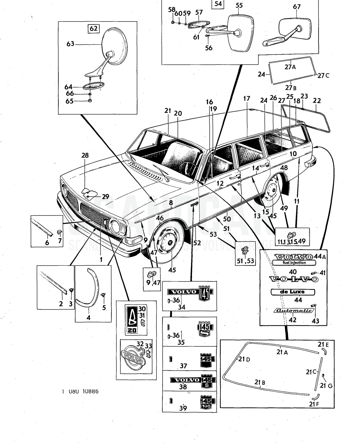 trim Illustration rear view mirror Sats Kit - Explosionszeichnung, Sonstige Teile, Volvo 140er-Serie bis zu 1972