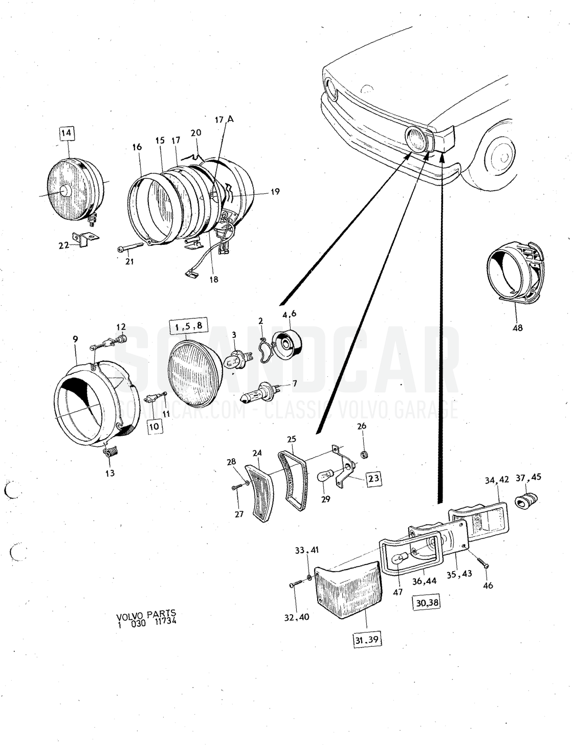 Lighting equipment - Explosionszeichnung, Elektrische Ausrüstung, Volvo 140er-Serie ab 1972