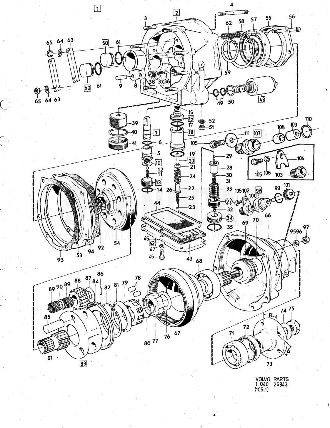 Gearbox Overdrive - Explosionszeichnung, Antriebsstrang - Hinterachse, Volvo 140er-Serie ab 1972