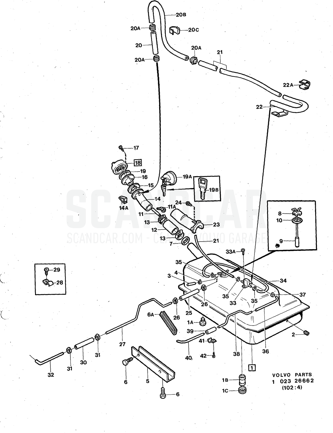 tank with installation components carburetter engine - Explosionszeichnung, Kraftstoff- und Abgasanlage, Volvo 140er-Serie ab 1972