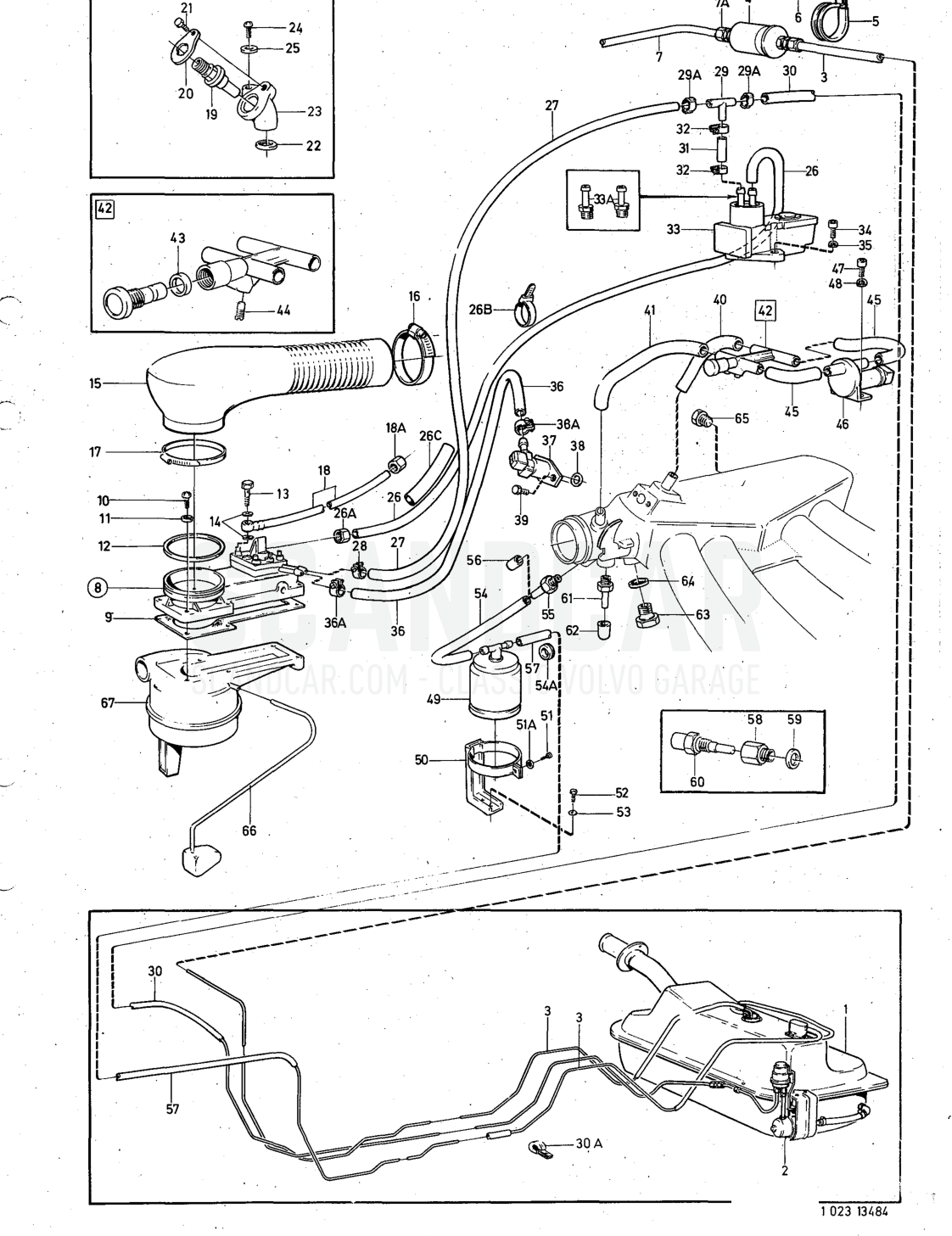 Fuel system injection engine - Explosionszeichnung, Kraftstoff- und Abgasanlage, Volvo 140er-Serie ab 1972