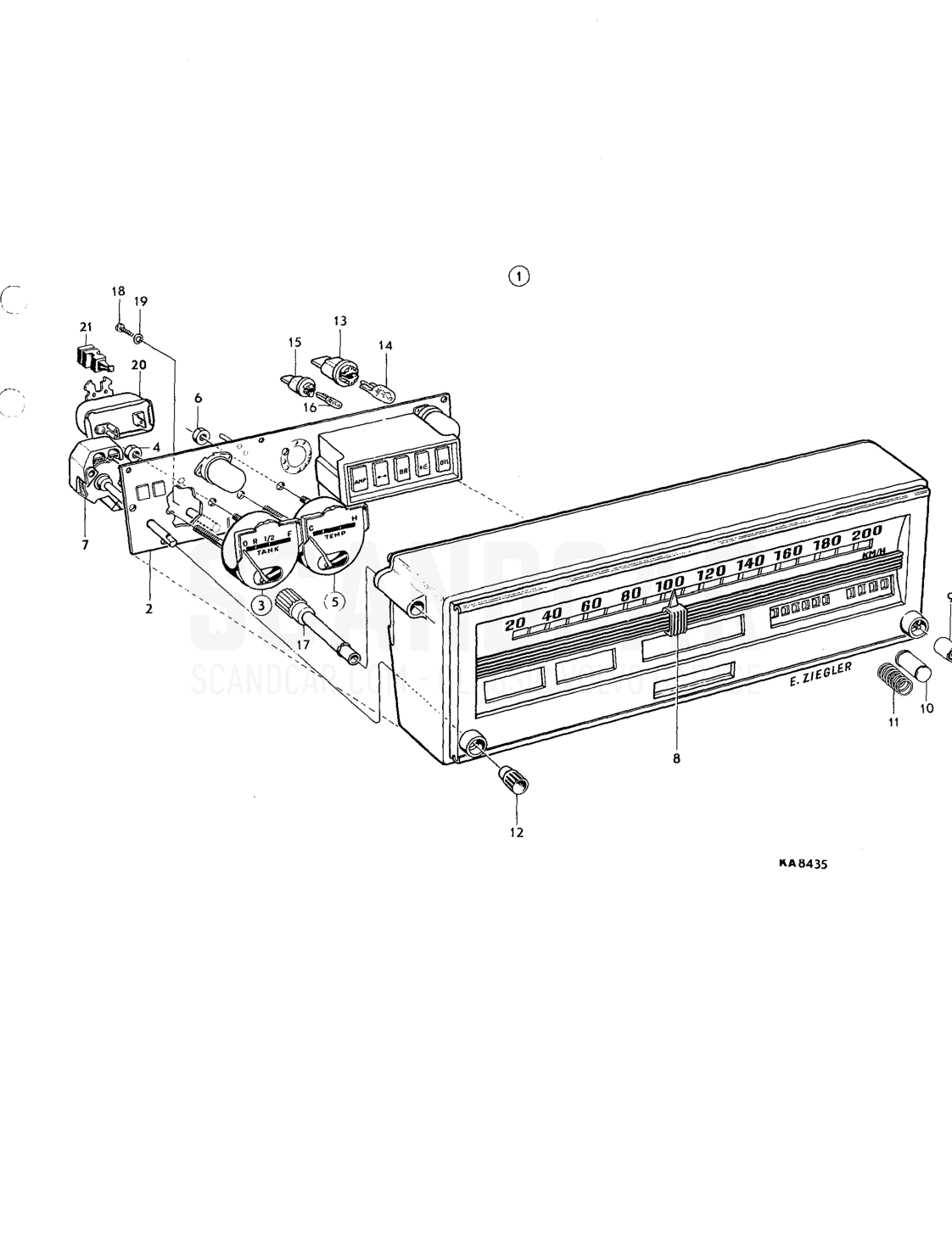 Combined instrument - Explosionszeichnung, Elektrische Ausrüstung, Volvo 164er-Serie bis zu 1975