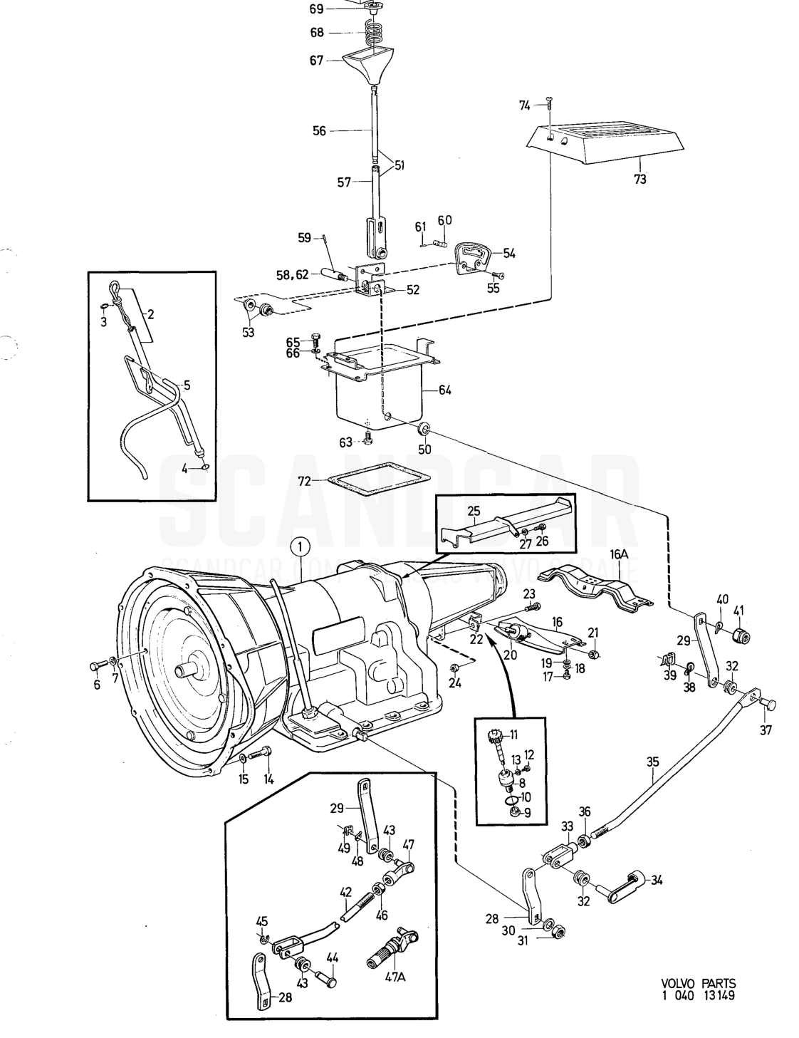 Gearbox Mountings, control - Explosionszeichnung, Antriebsstrang - Hinterachse, Volvo 164er-Serie bis zu 1975