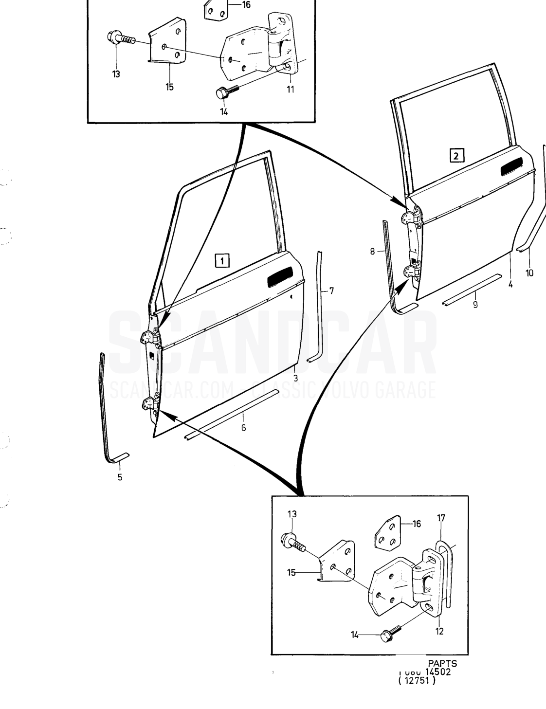 Door components, forward doors - Explosionszeichnung, Karosserie, Volvo 164er-Serie bis zu 1975