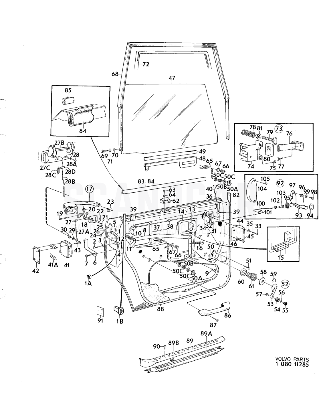 Door components, forward doors - Explosionszeichnung, Sonstige Teile, Volvo 164er-Serie bis zu 1975