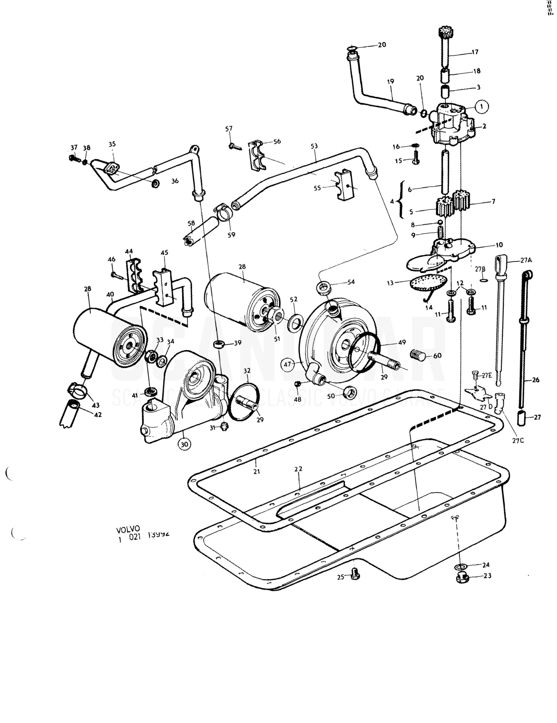 Lubricating system - Explosionszeichnung, Motor, Volvo 164er-Serie bis zu 1975