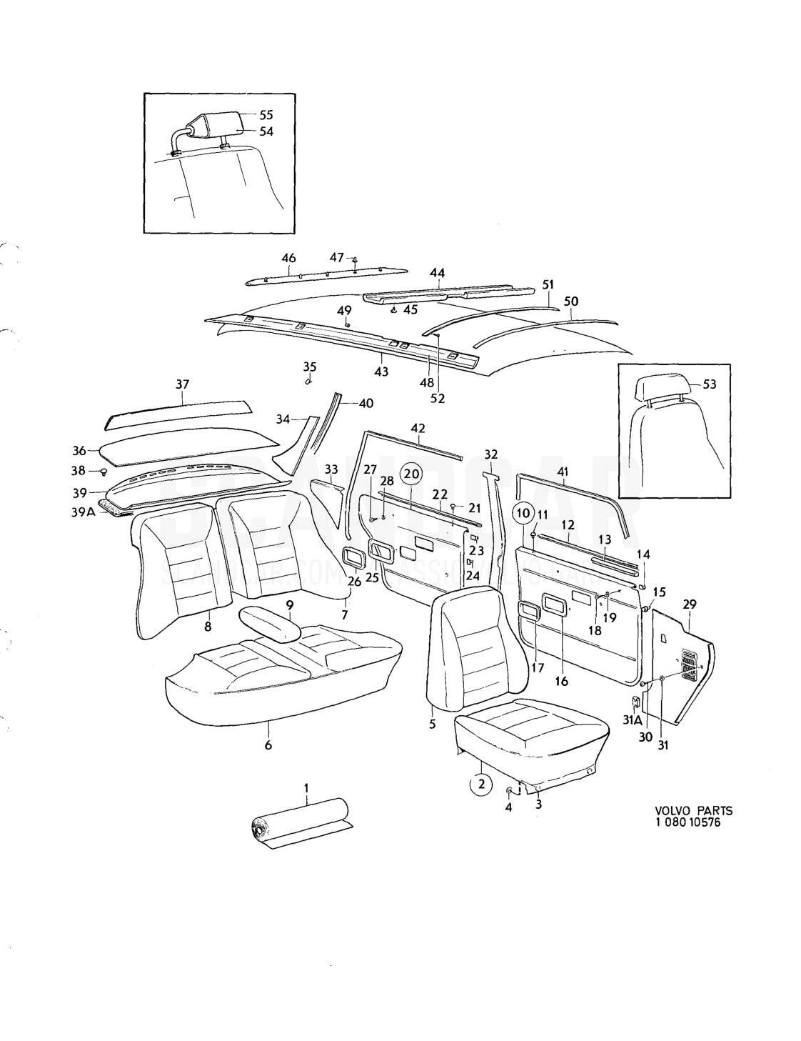 Upholstery upholstery combination - Explosionszeichnung, Karosserie, Volvo 164er-Serie bis zu 1975