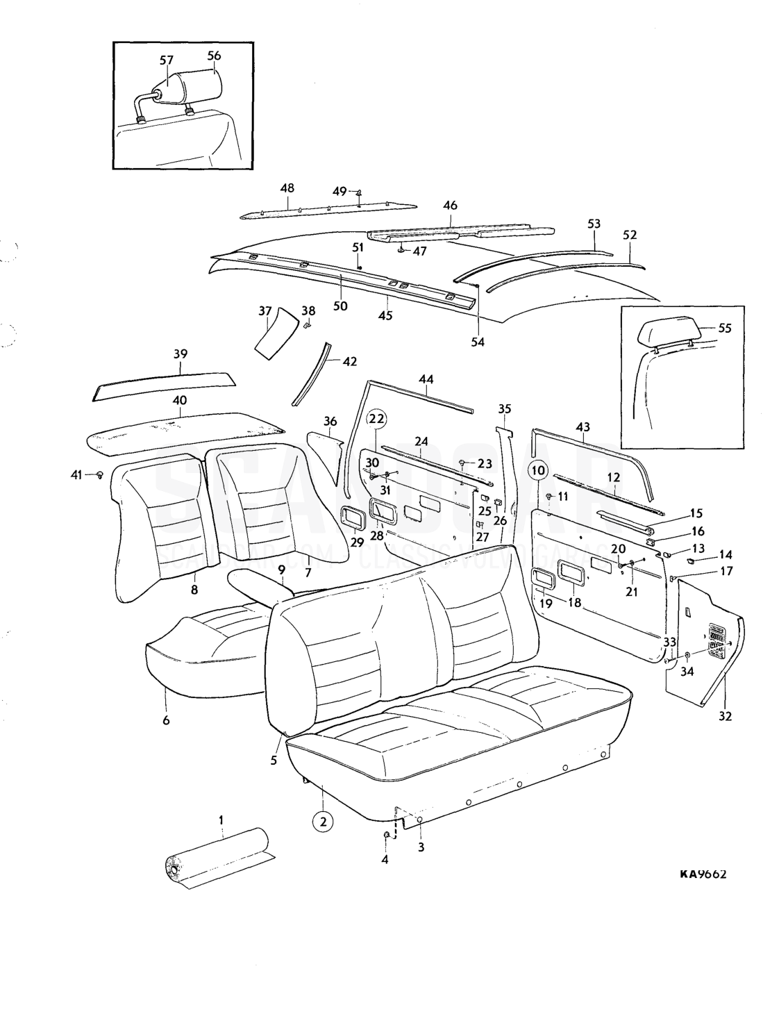 Upholstery upholstery combination - Explosionszeichnung, Karosserie, Volvo 164er-Serie bis zu 1975