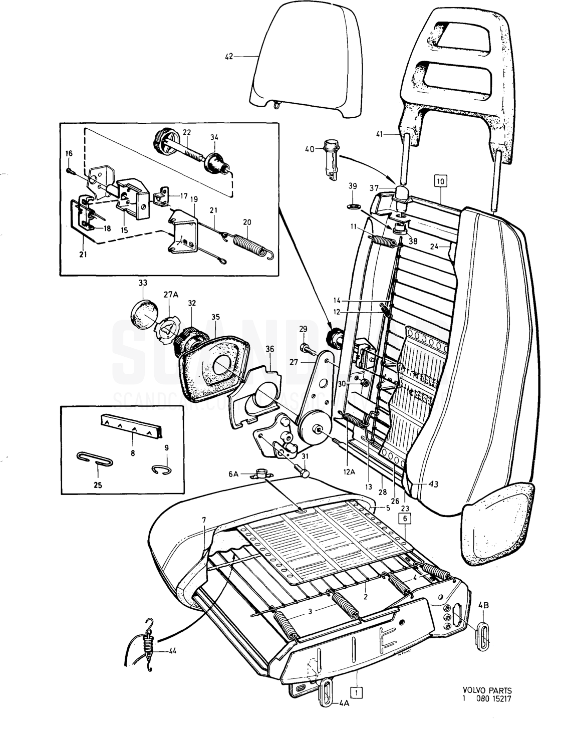Front seats, - Explosionszeichnung, Karosserie, Volvo 164er-Serie bis zu 1975