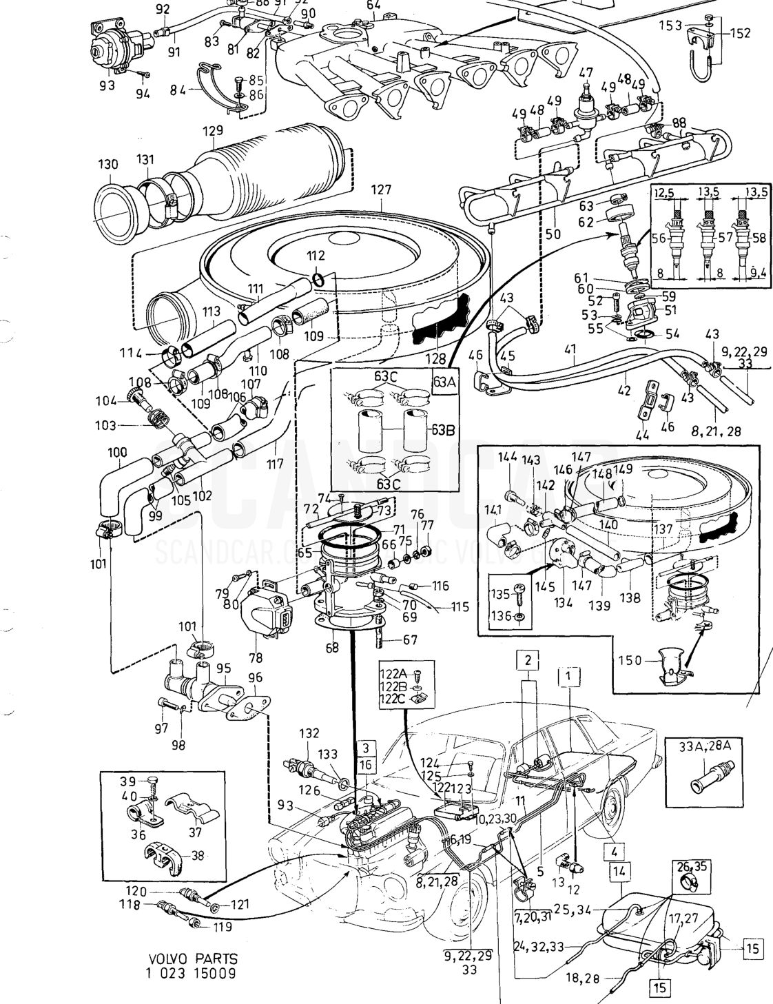 Fuelsystem fuel injection engine - Explosionszeichnung, Kraftstoff- und Abgasanlage, Volvo 164er-Serie bis zu 1975