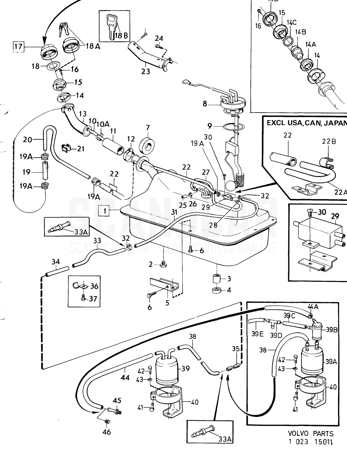 Fuel tank and gas evaporite control system - Explosionszeichnung, Kraftstoff- und Abgasanlage, Volvo 164er-Serie bis zu 1975