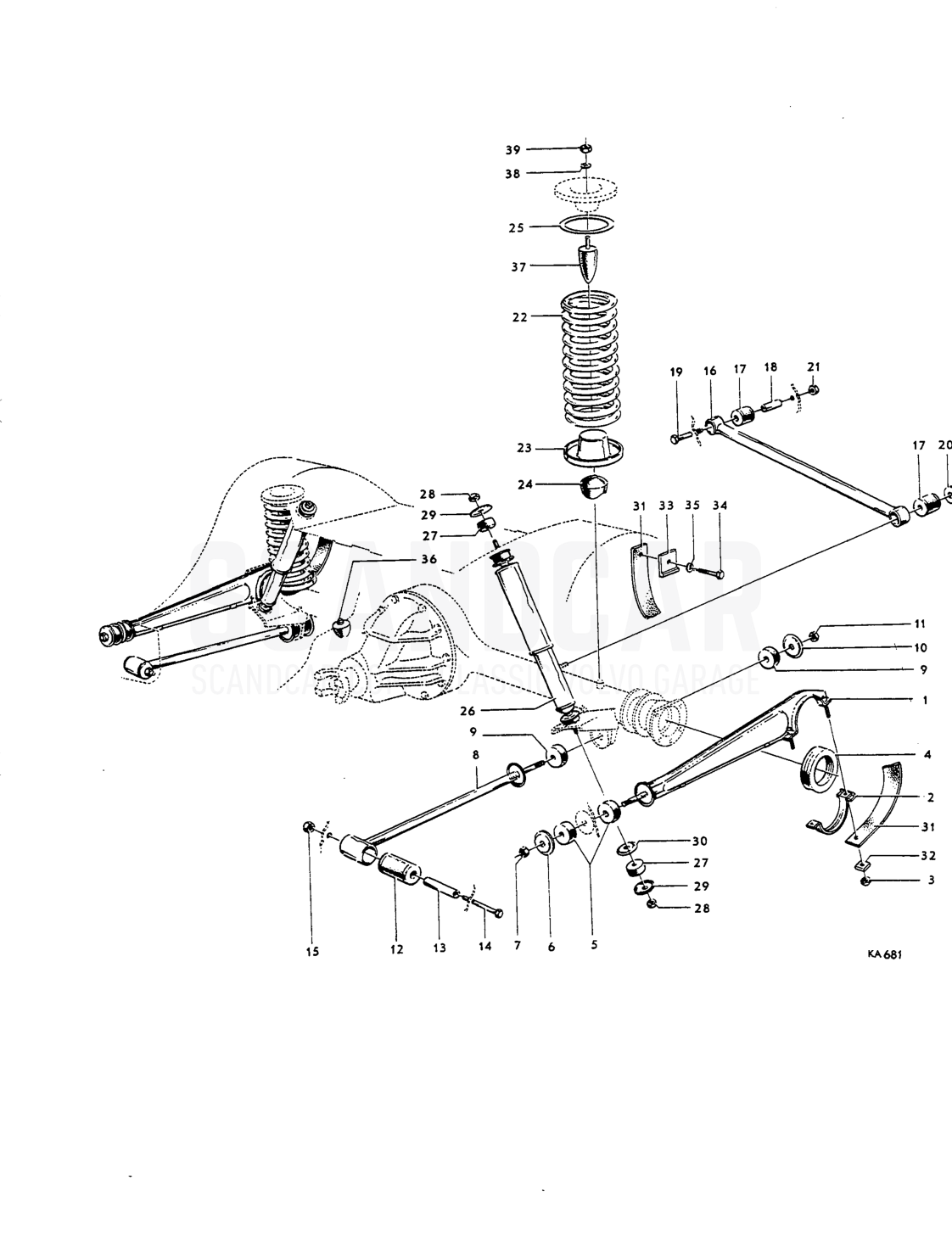 Rear axle mountings - Explosionszeichnung, Antriebsstrang - Hinterachse, Volvo Amazon B16