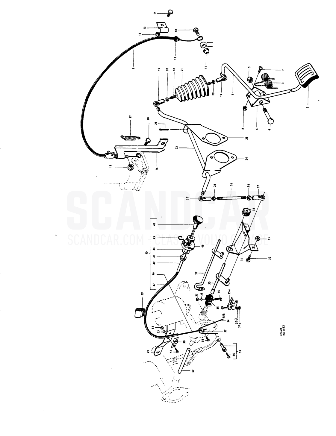Throttle control, RHD - Explosionszeichnung, Betätigungsgestänge, Volvo Amazon B16