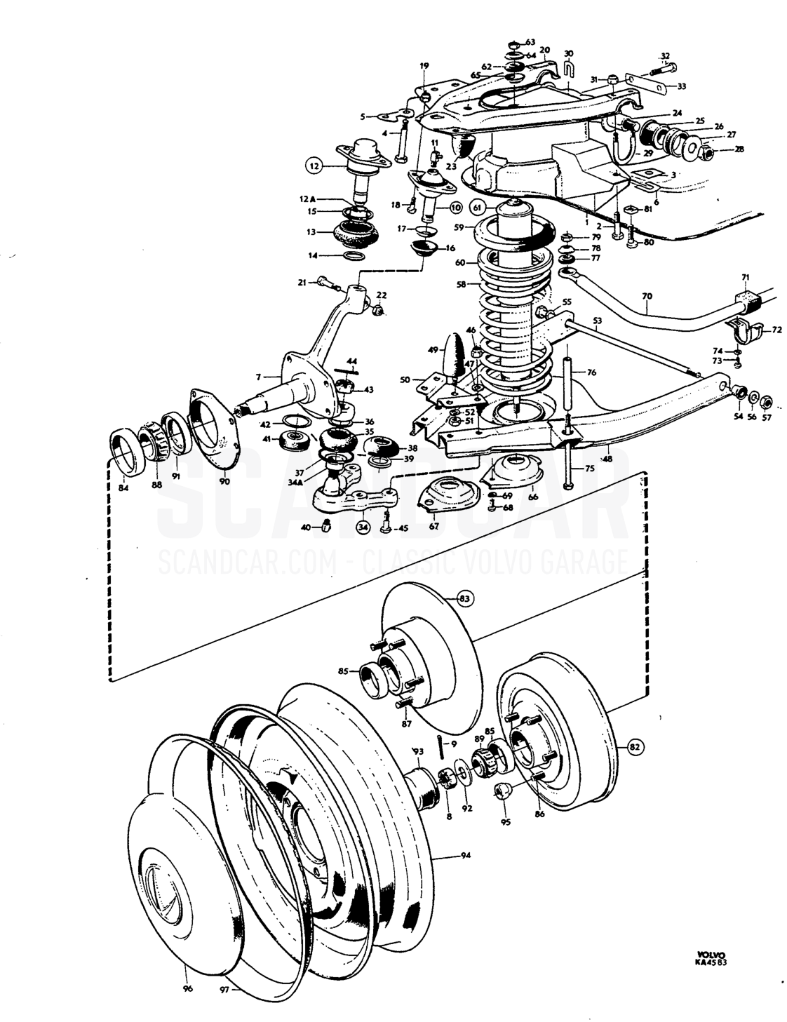 Front axle, wheels - Explosionszeichnung, Vorderachse - Räder - Lenkung, Volvo Amazon B18
