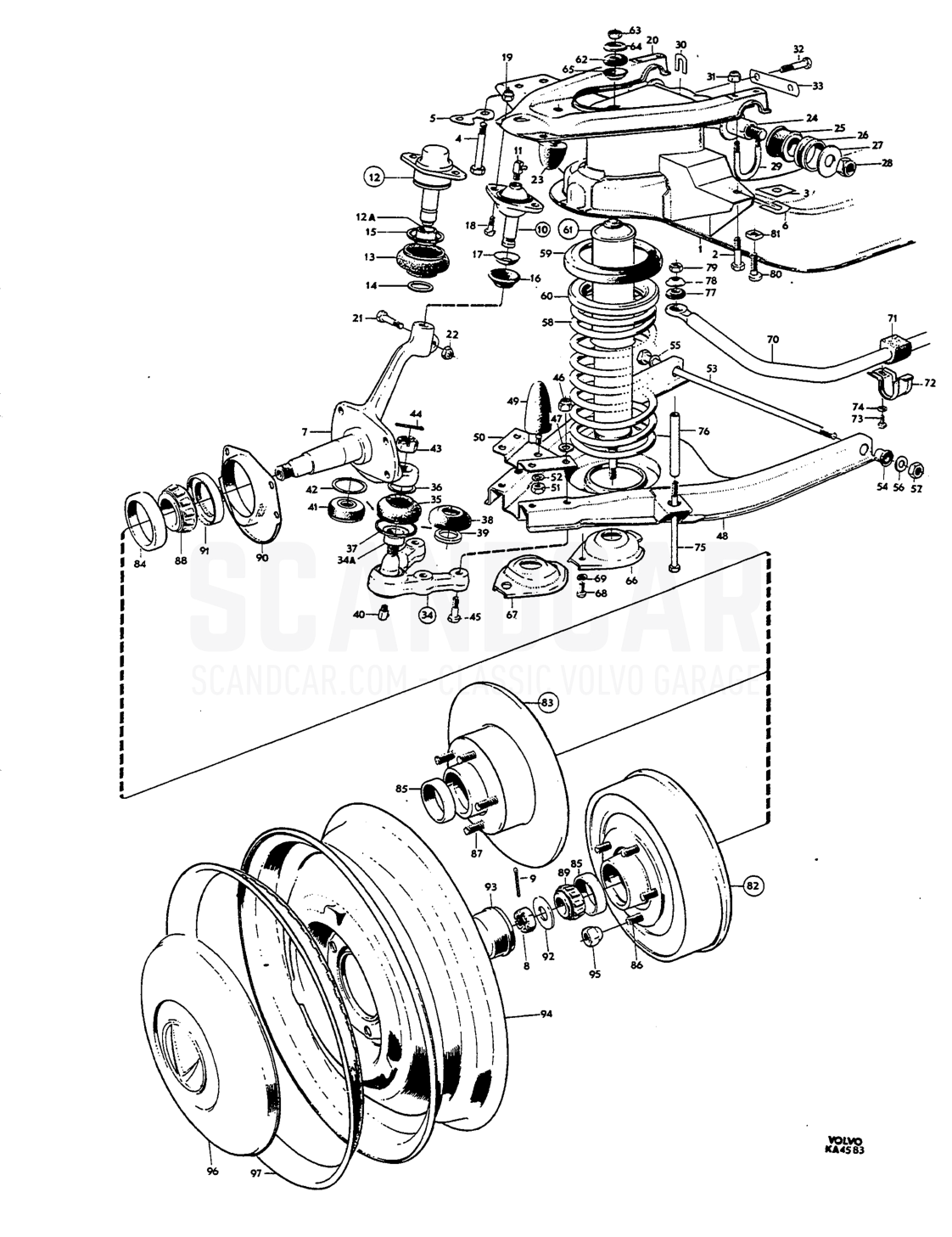 Front axle, wheels - Explosionszeichnung, Vorderachse - Räder - Lenkung, Volvo Amazon B18