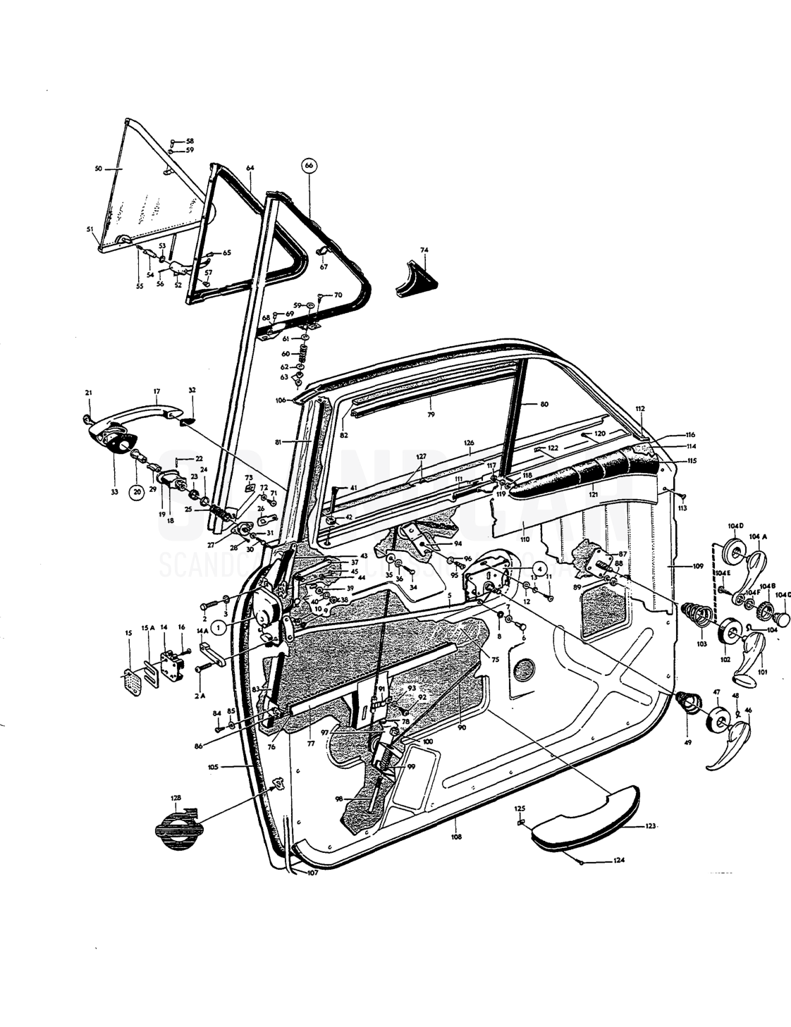Door components, forward doors - Explosionszeichnung, Karosserie, Volvo Amazon B18