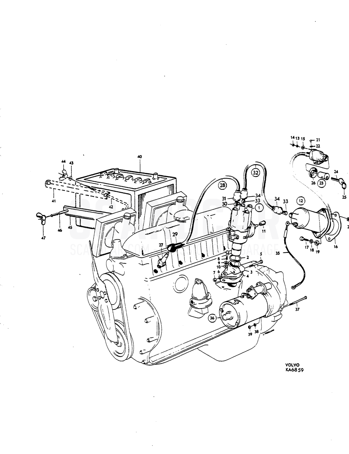 ignition coil, sparking plugs, cables, starter motor, battery - Explosionszeichnung, Elektrische Ausrüstung, Volvo P1800 S