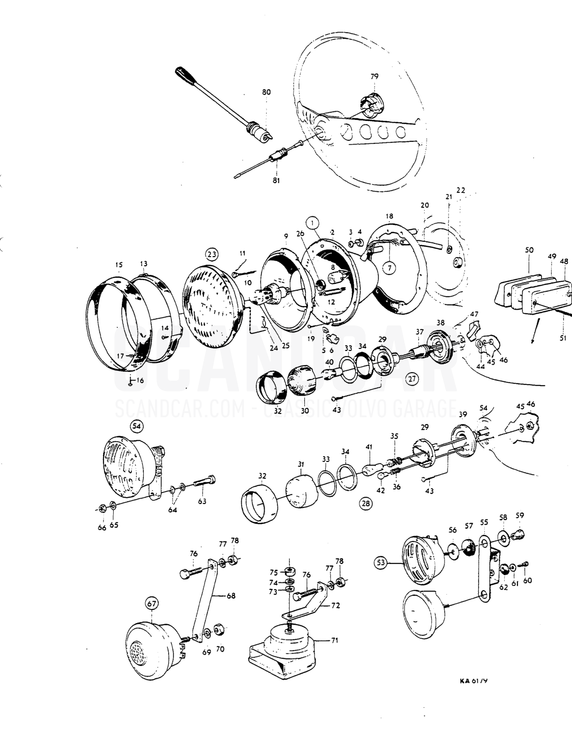 Reservdefkfålg Head lamps, flashers, horn, components - Explosionszeichnung, Elektrische Ausrüstung, Volvo P1800 S