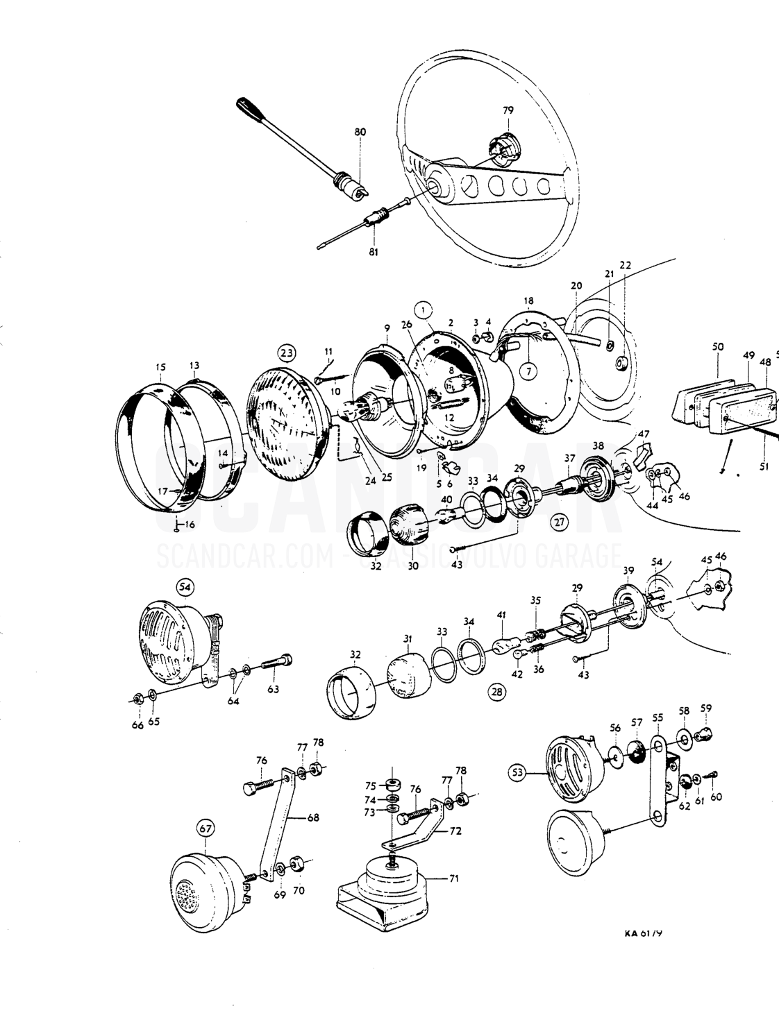 Head lamps, flashers, horn, cornponents Dt - Explosionszeichnung, Elektrische Ausrüstung, Volvo P1800 S