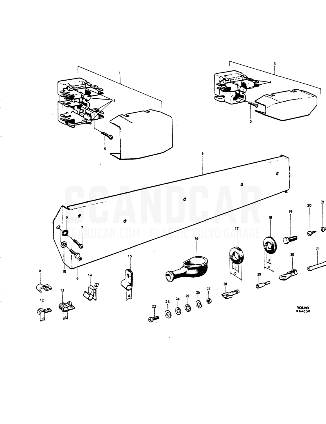 Fuseboxes, lamps, rubber bushings, connecting components - Explosionszeichnung, Elektrische Ausrüstung, Volvo P1800 S