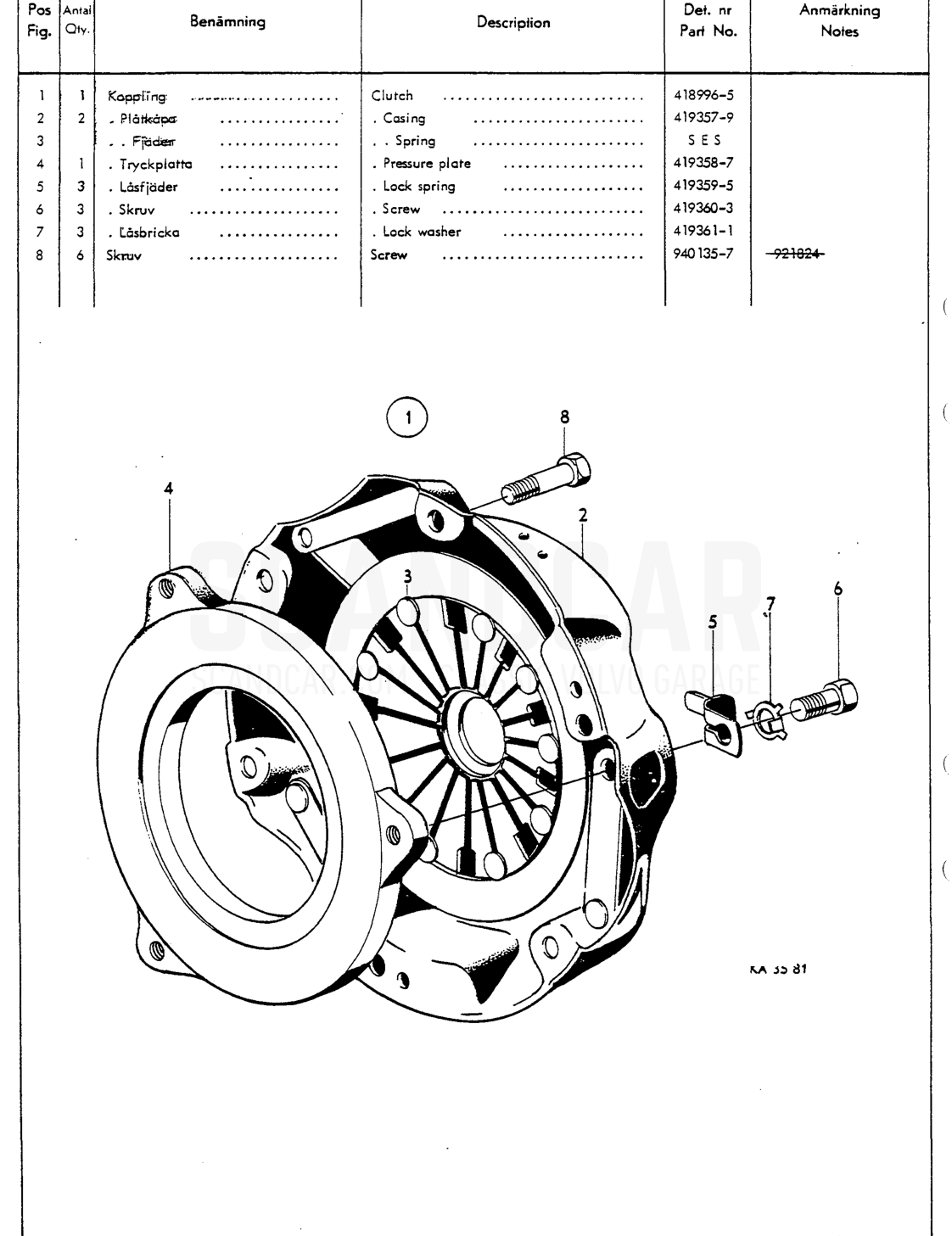 Clutch - Explosionszeichnung, Antriebsstrang - Hinterachse, Volvo P1800 S