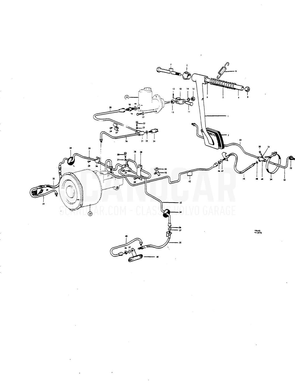 Foot brake r.ontrol linkage Hydrau lie lines single circut - Explosionszeichnung, Bremsen, Volvo P1800 S