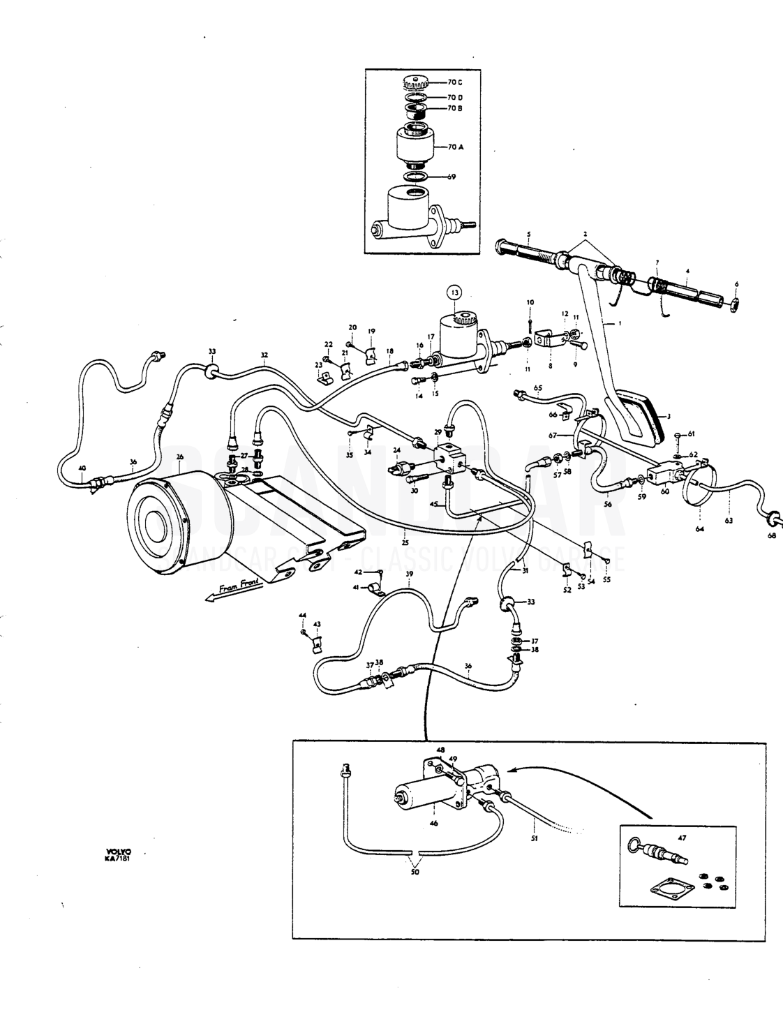 Foot brake control linkage Hydrcu lie lines single circuit - Explosionszeichnung, Bremsen, Volvo P1800 S