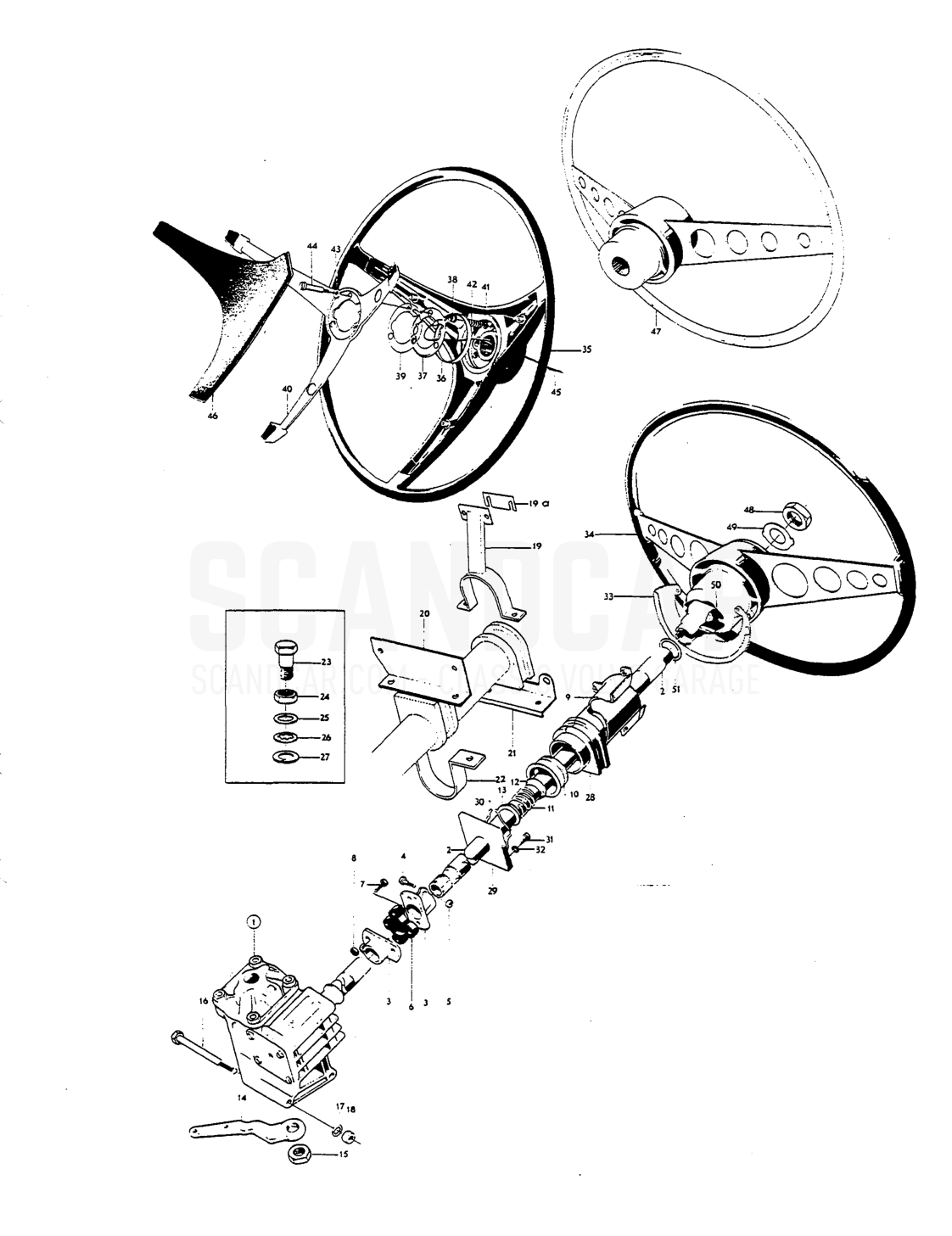Steering gear ond installation components - Explosionszeichnung, Vorderachse - Räder - Lenkung, Volvo P1800 S