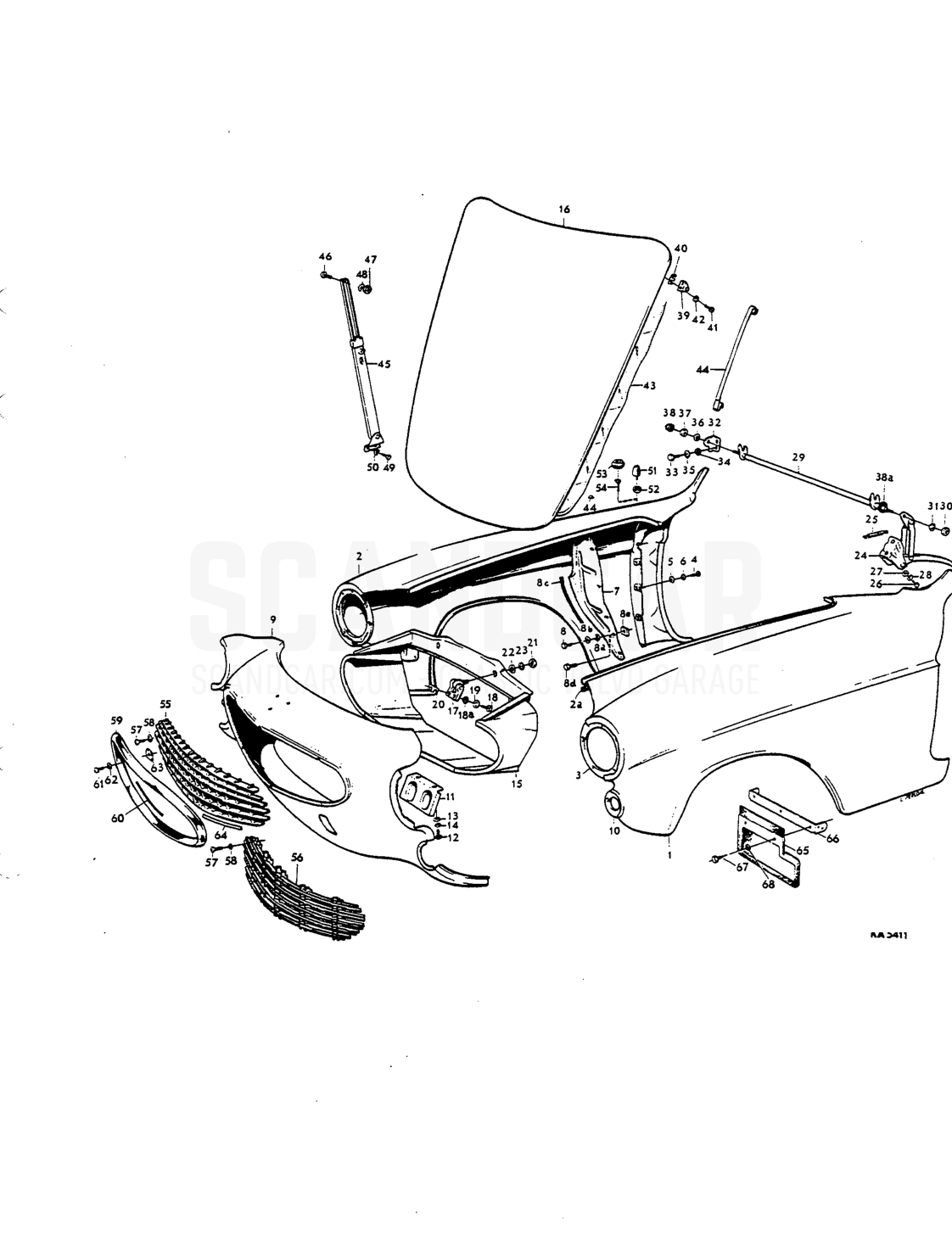 Frcnt mudguards, front end, bannet Noies - Explosionszeichnung, Karosserie, Volvo P1800 S