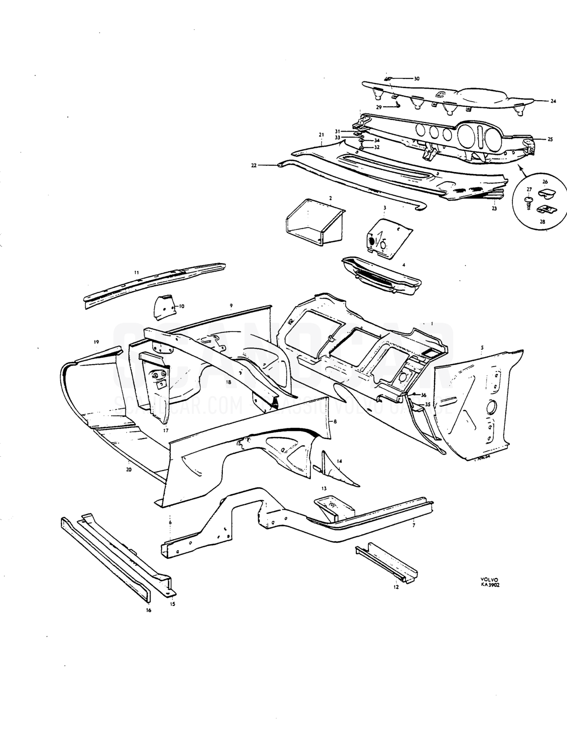 Cowl, instrument panel - Explosionszeichnung, Karosserie, Volvo P1800 S