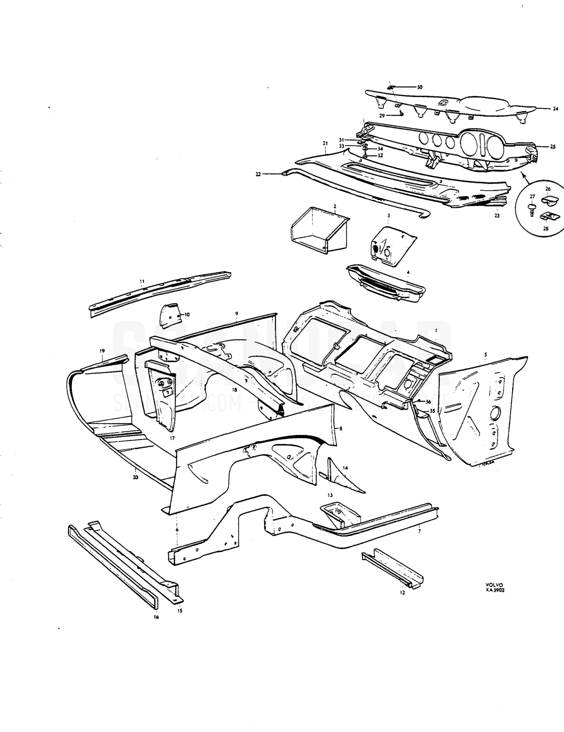 Cowl instrument panel - Explosionszeichnung, Karosserie, Volvo P1800 S