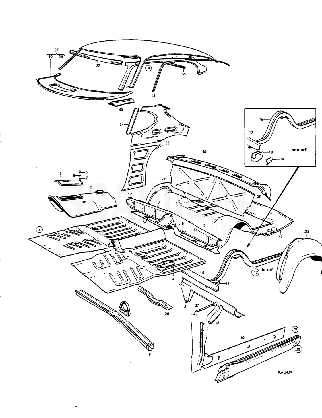 Floor section, body sides, roof - Explosionszeichnung, Karosserie, Volvo P1800 S