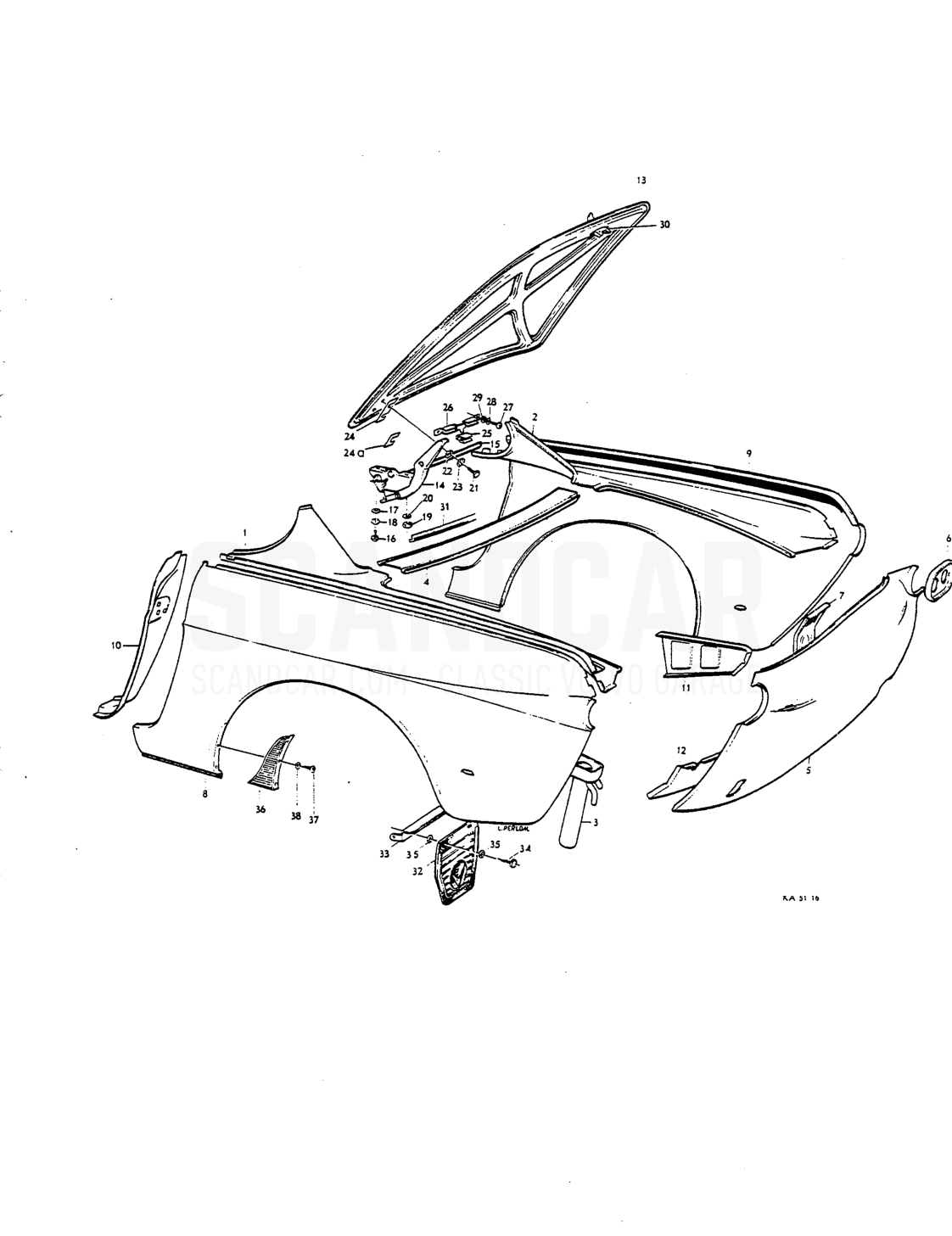 Reir end, rear mudguards luggage compartment lid - Explosionszeichnung, Karosserie, Volvo P1800 S