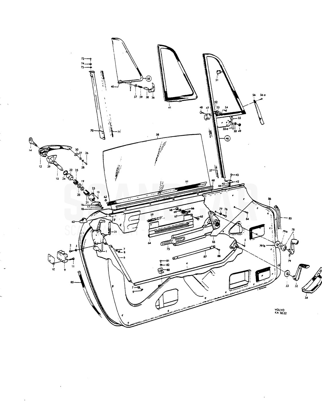 Door components - Explosionszeichnung, Karosserie, Volvo P1800 S