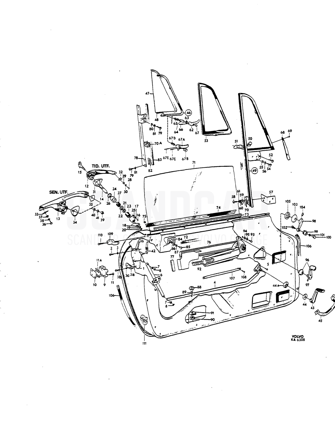 Door components - Explosionszeichnung, Karosserie, Volvo P1800 S