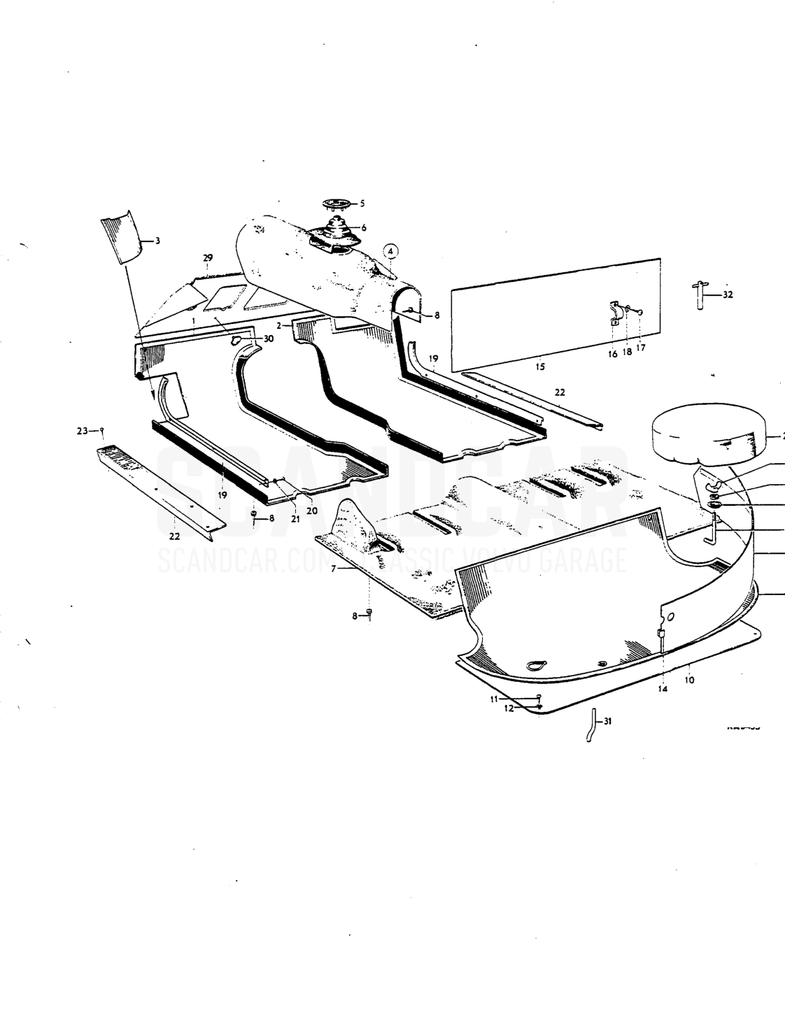 Mcts, sill plotes, spcre wheel mountings art - Explosionszeichnung, Karosserie, Volvo P1800 S